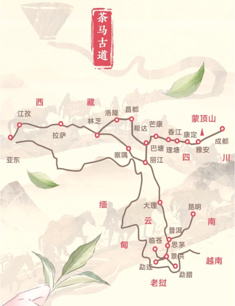 Bản đồ tuyến Trà Mã Cổ Đạo huyền thoại, con đường giao thương trà – ngựa nối từ Vân Nam lên Tây Tạng.