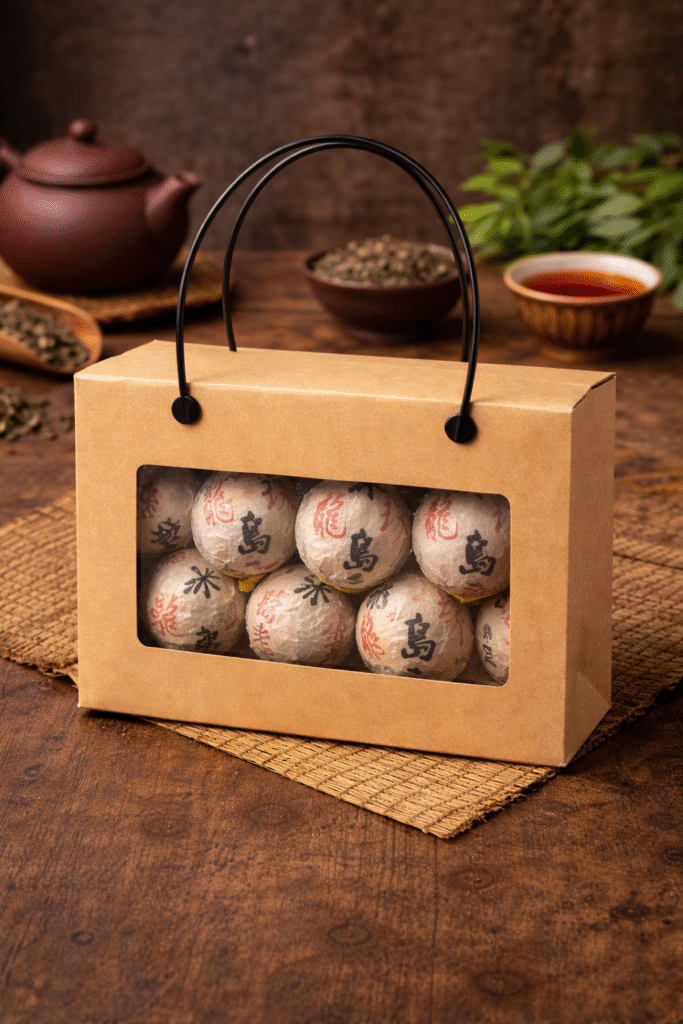 Trà Phổ Nhĩ Băng Đảo viên Long Châu dòng sống Sheng, viên trà ép tròn nhỏ gọn, nước vàng trong hậu ngọt hồi cam, tiện mang theo đi làm và du lịch.