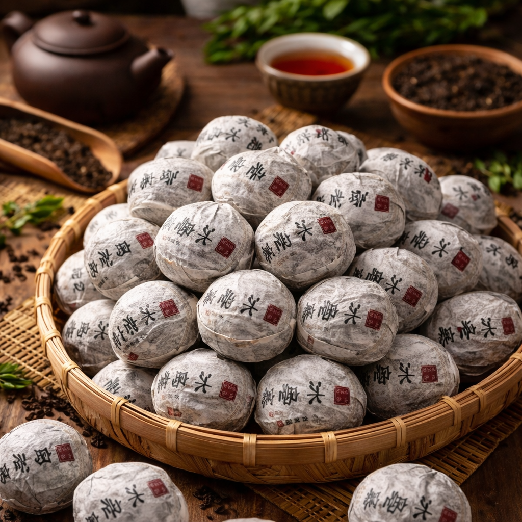 Trà Phổ Nhĩ Băng Đảo viên Long Châu dòng sống Sheng, viên trà ép tròn nhỏ gọn, nước vàng trong hậu ngọt hồi cam, tiện mang theo đi làm và du lịch.