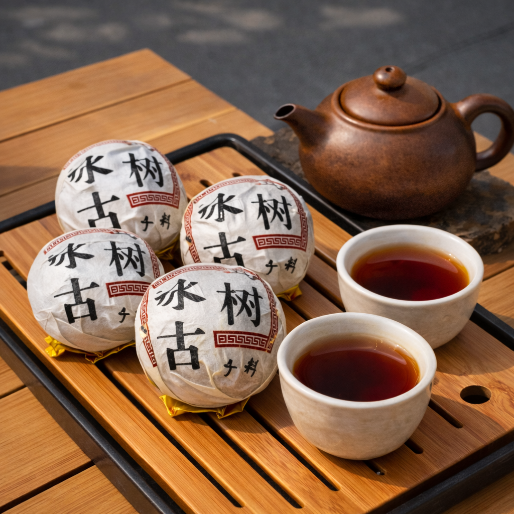 Trà Phổ Nhĩ Băng Đảo chín viên Long Châu, viên trà ép tròn nhỏ gọn, nước nâu đỏ hồi cam, tiện mang theo đi làm và du lịc